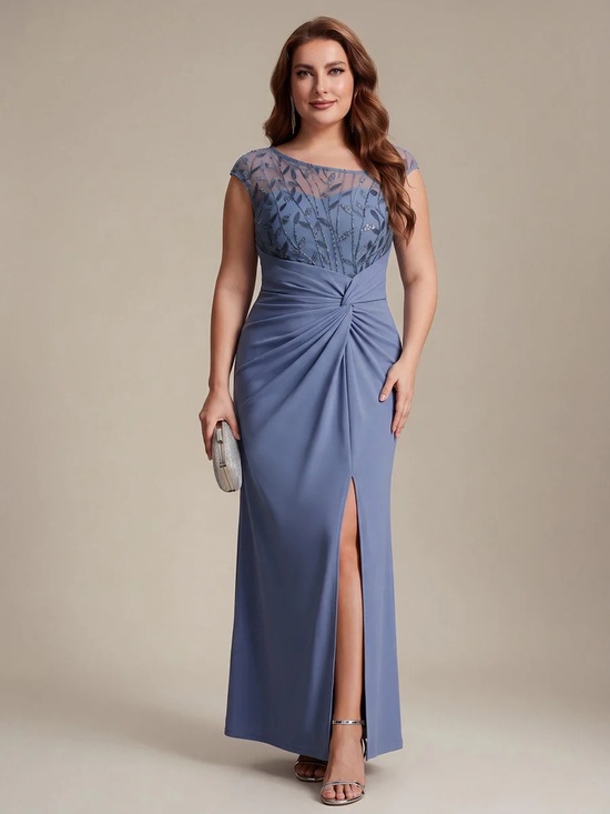 Dresses & Skirts - Elegant Slate Blue Evening Gown with Embellished Illusion Bodice